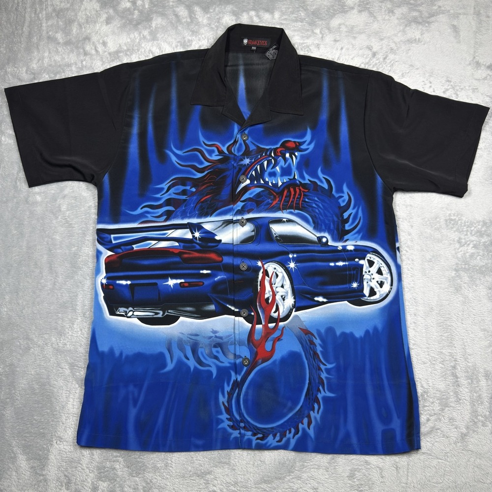 Snake Eyes Shirt Mens Medium Black Blue Dragon Car Graphic Flame Button Up 2000s